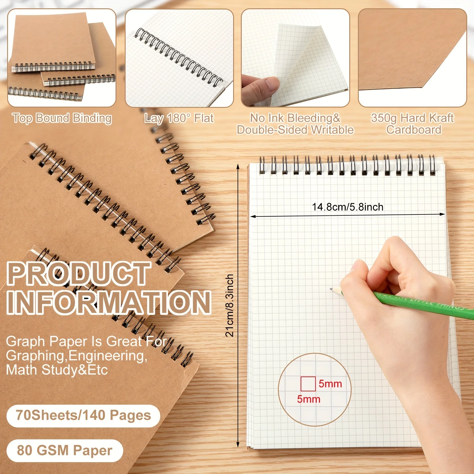 12 Pack A5 Top Wirebound Graph Paper Notepad Spiral Notebook 140 Pages for Writing, Sketching, Drawing, Office Supplies Memo Steno Pads Grid Notebook